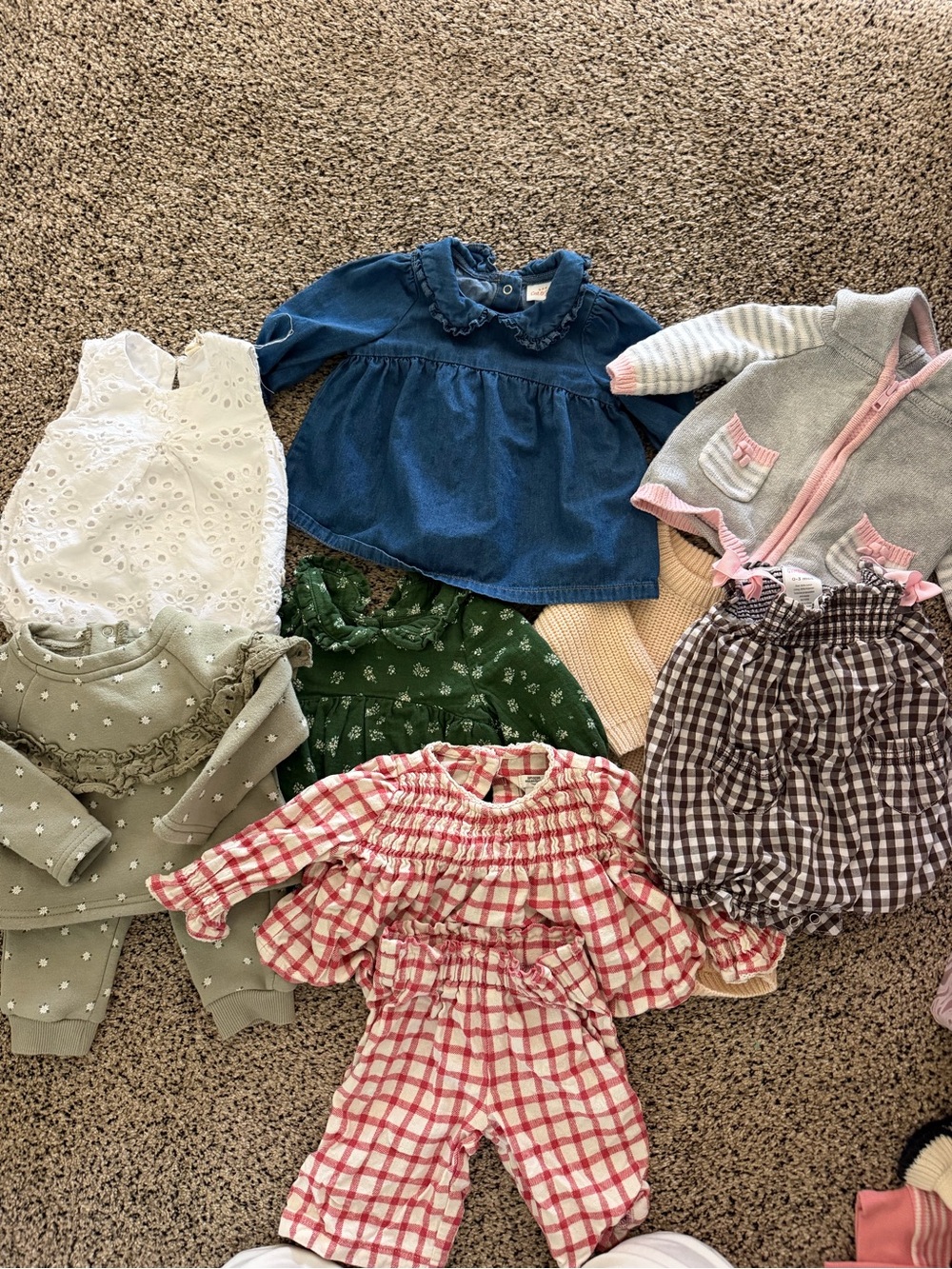 Mixed Baby Clothing Set - Pink Plaid Top & Bottom + Assorted Dresses